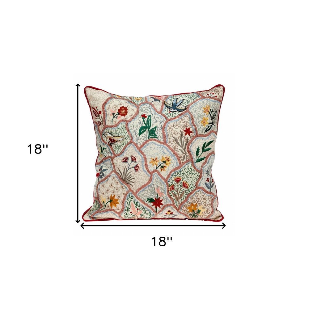 18" Beige Blue and Green Cotton Throw Pillow With Embroidery