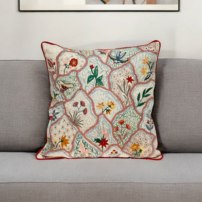 18" Beige Blue and Green Cotton Throw Pillow With Embroidery