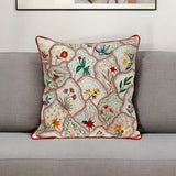 18" Beige Blue and Green Cotton Throw Pillow With Embroidery