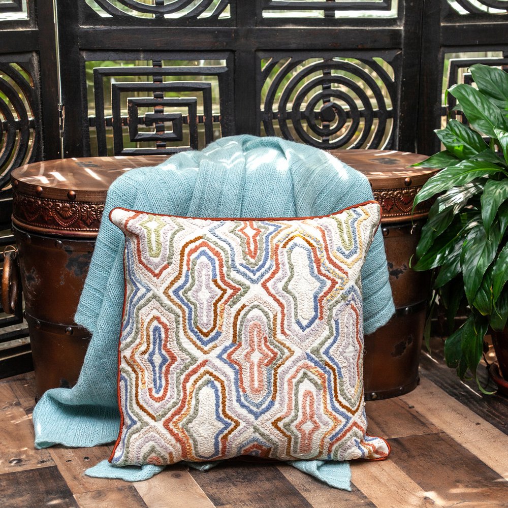 18" Beige and Brown Cotton Throw Pillow With Embroidery