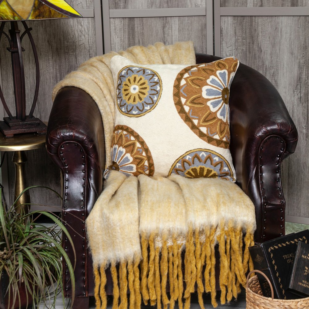 20" Beige and Brown Cotton Throw Pillow