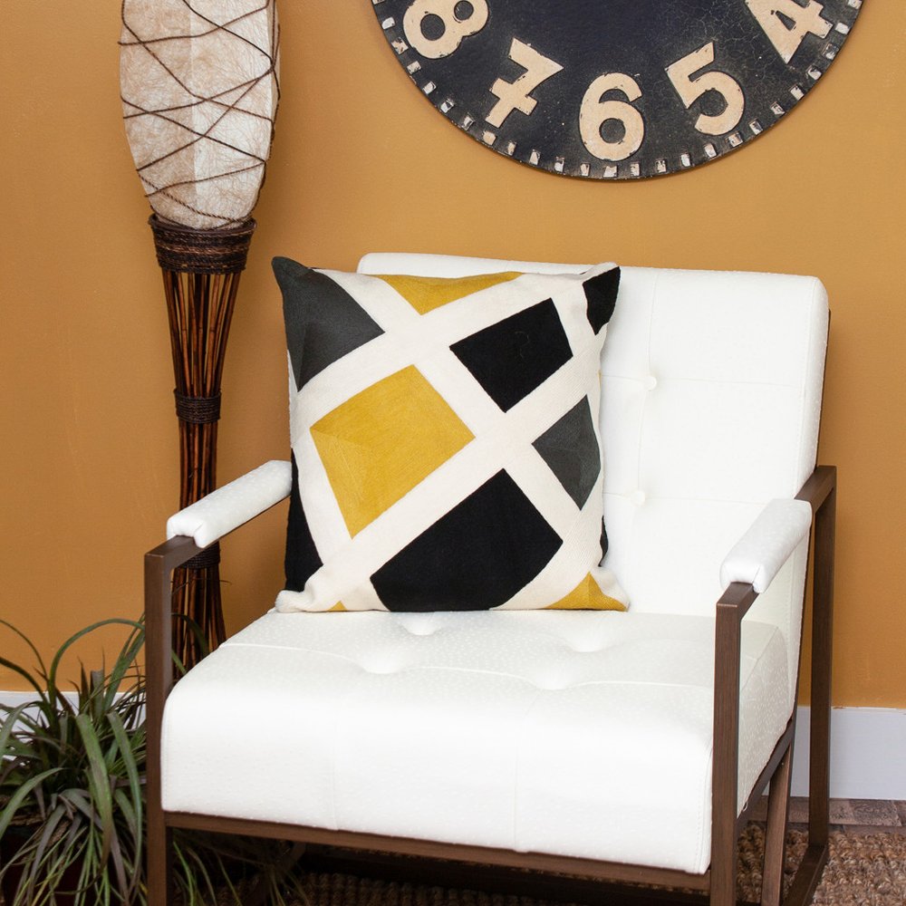 20" Black White And Yellow Cotton Throw Pillow