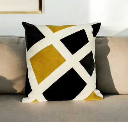 20" Black White And Yellow Cotton Throw Pillow