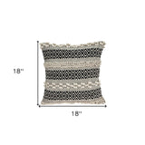 18" Beige and Black Cotton Throw Pillow With Embroidery