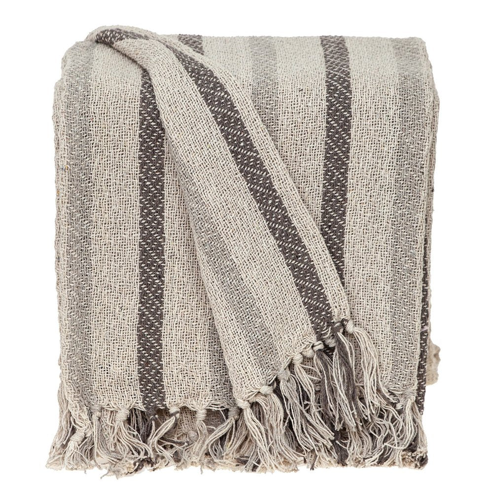 67" X 52" Beige And Taupe Cotton Woven Striped Throw Blanket with Fringe