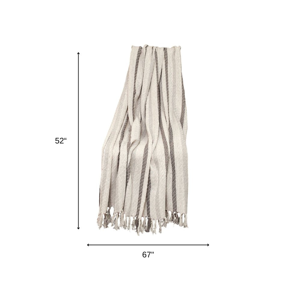 67" X 52" Beige And Taupe Cotton Woven Striped Throw Blanket with Fringe