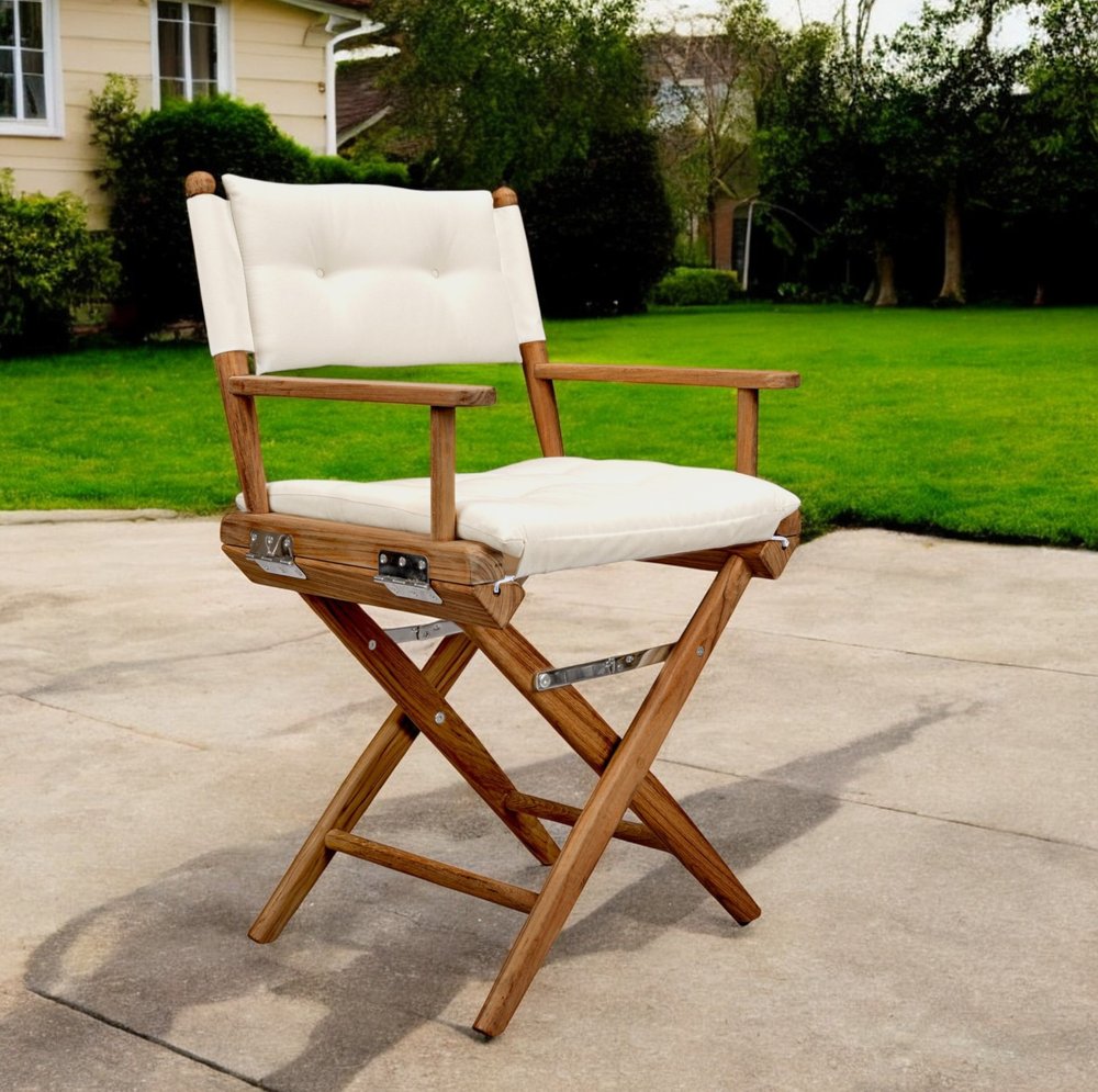 23" Natural Solid Wood Outdoor Folding Director Chair with Cream Cushion