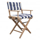 23" Blue and White and Natural Wood Solid Wood Indoor Outdoor Director Chair with Blue and White Cushion