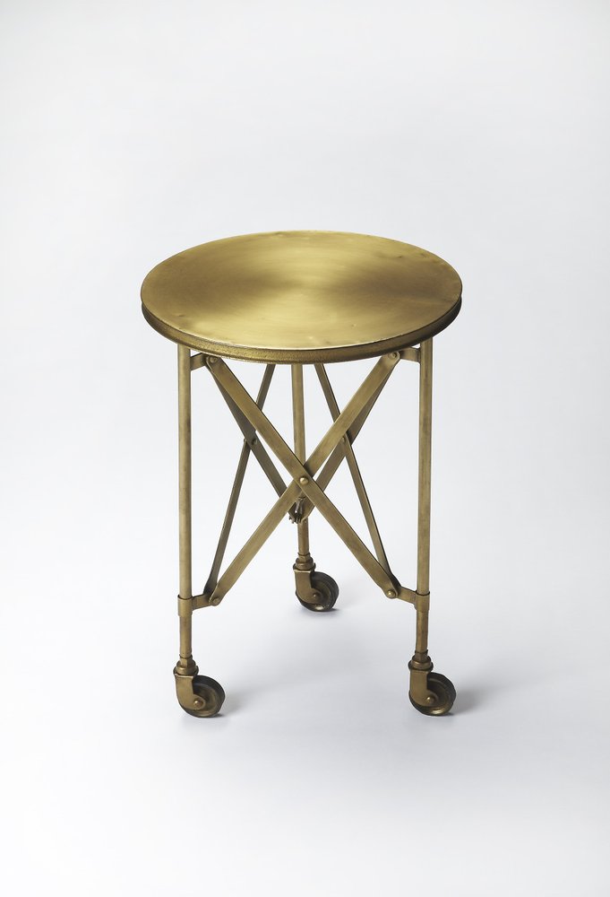 24" Antiqued Gold Iron Round Rolling End Table