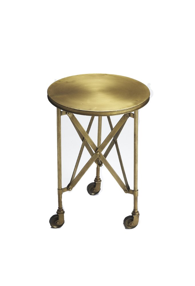 24" Antiqued Gold Iron Round Rolling End Table