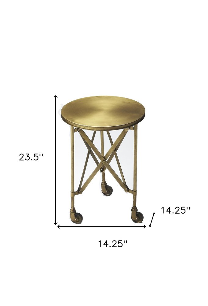 24" Antiqued Gold Iron Round Rolling End Table