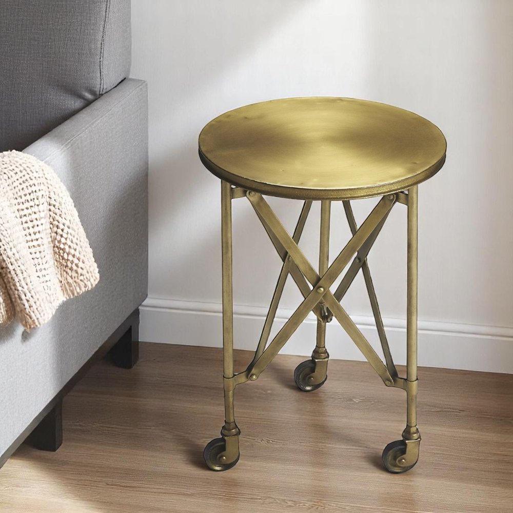 24" Antiqued Gold Iron Round Rolling End Table