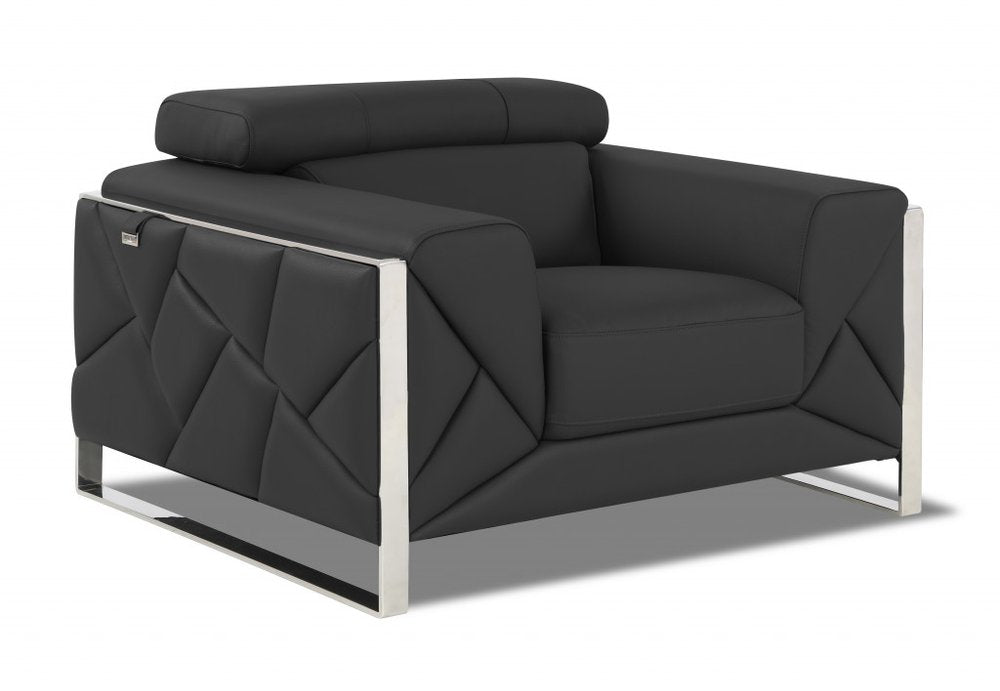 48" Dark Slate Gray And White Italian Leather Arm Chair