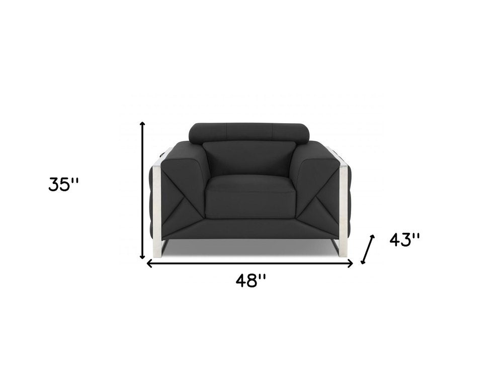48" Dark Slate Gray And White Italian Leather Arm Chair