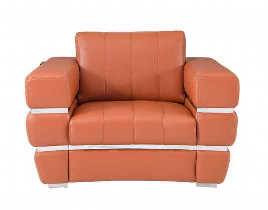 48" Camel And Silver Italian Leather Arm Chair