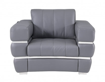 48" Dark Slate Gray And White Italian Leather Arm Chair