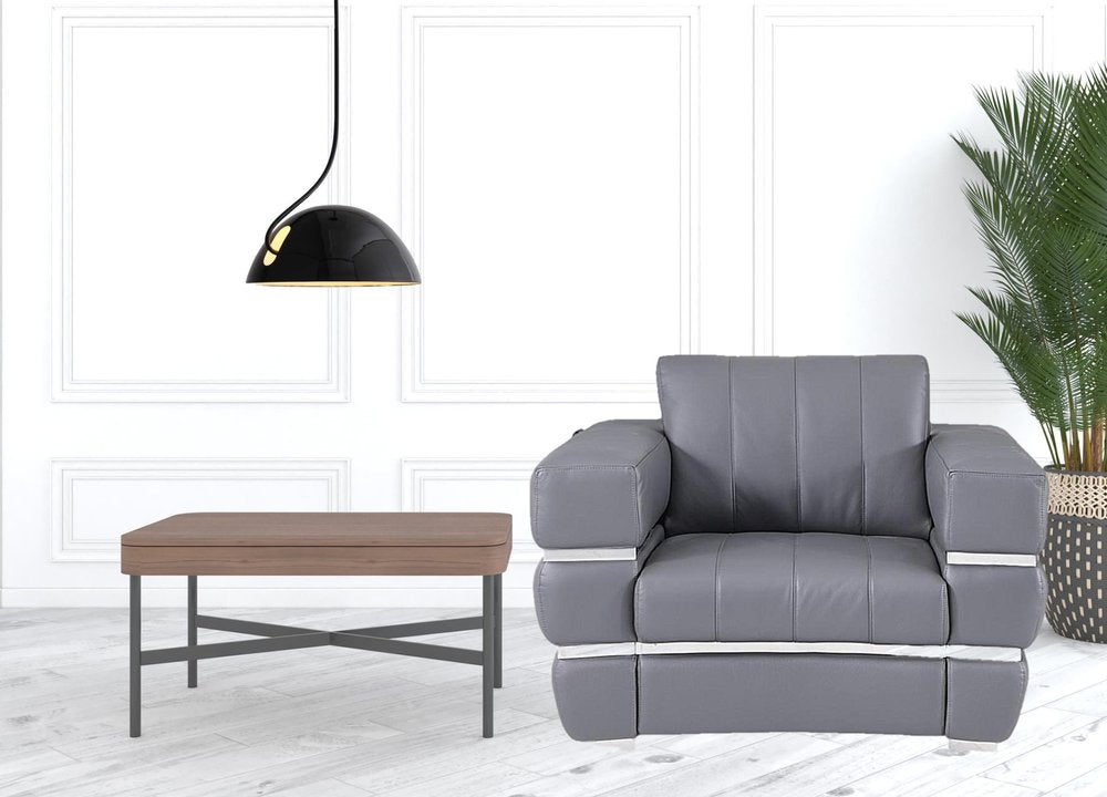 48" Dark Slate Gray And White Italian Leather Arm Chair