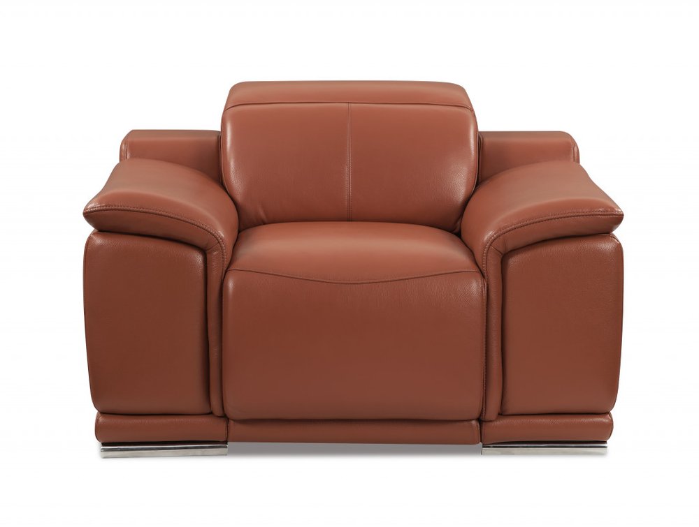 48" Camel And Silver Italian Leather Arm Chair