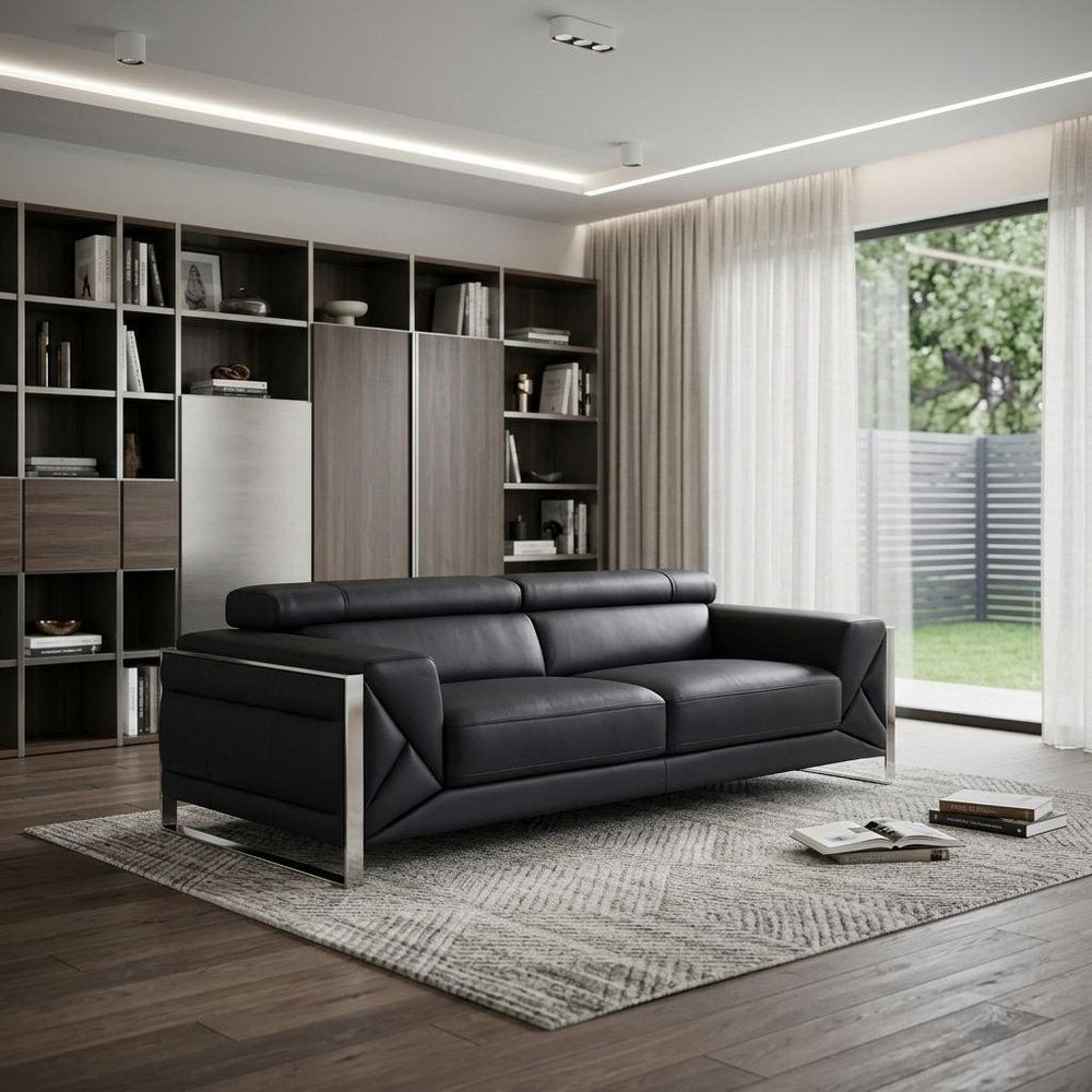 89" Black Italian Leather Sofa With Silver Legs