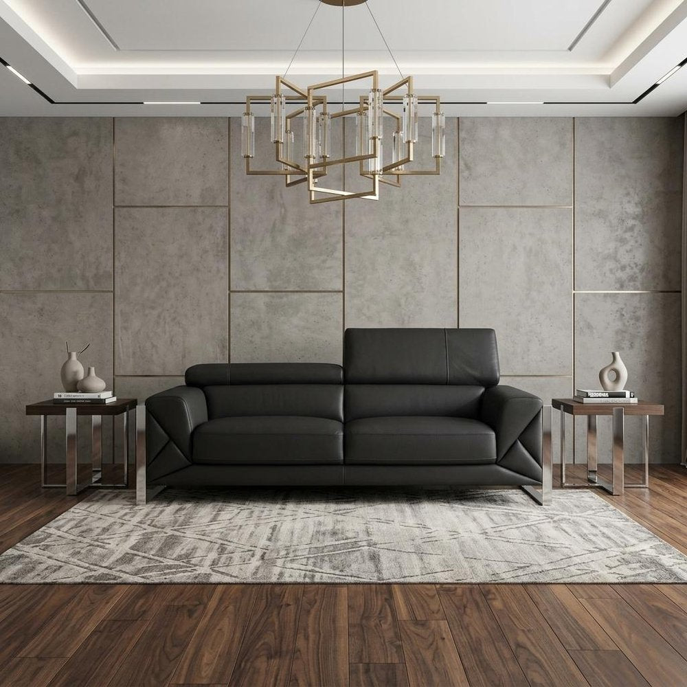 89" Dark Gray Italian Leather Sofa With Silver Legs