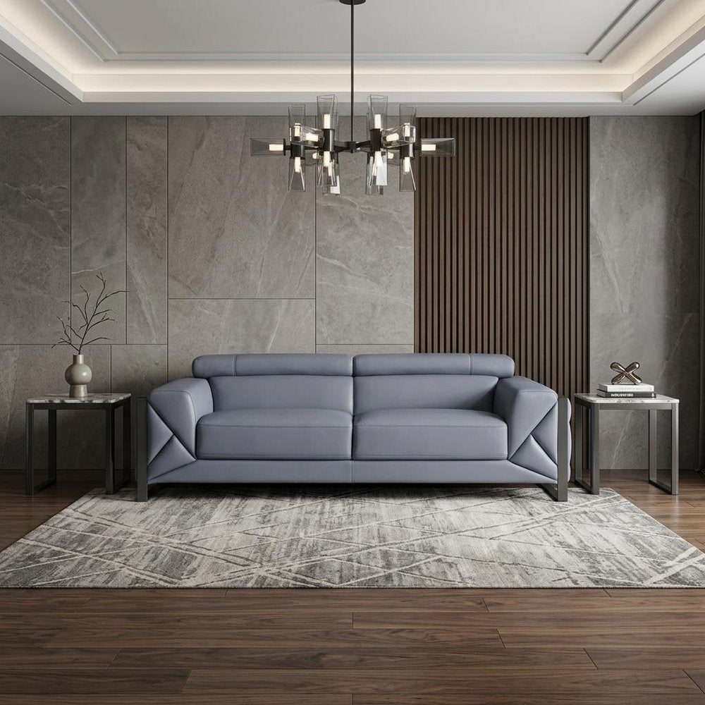 89" Light Blue Italian Leather Sofa With Chrome Legs
