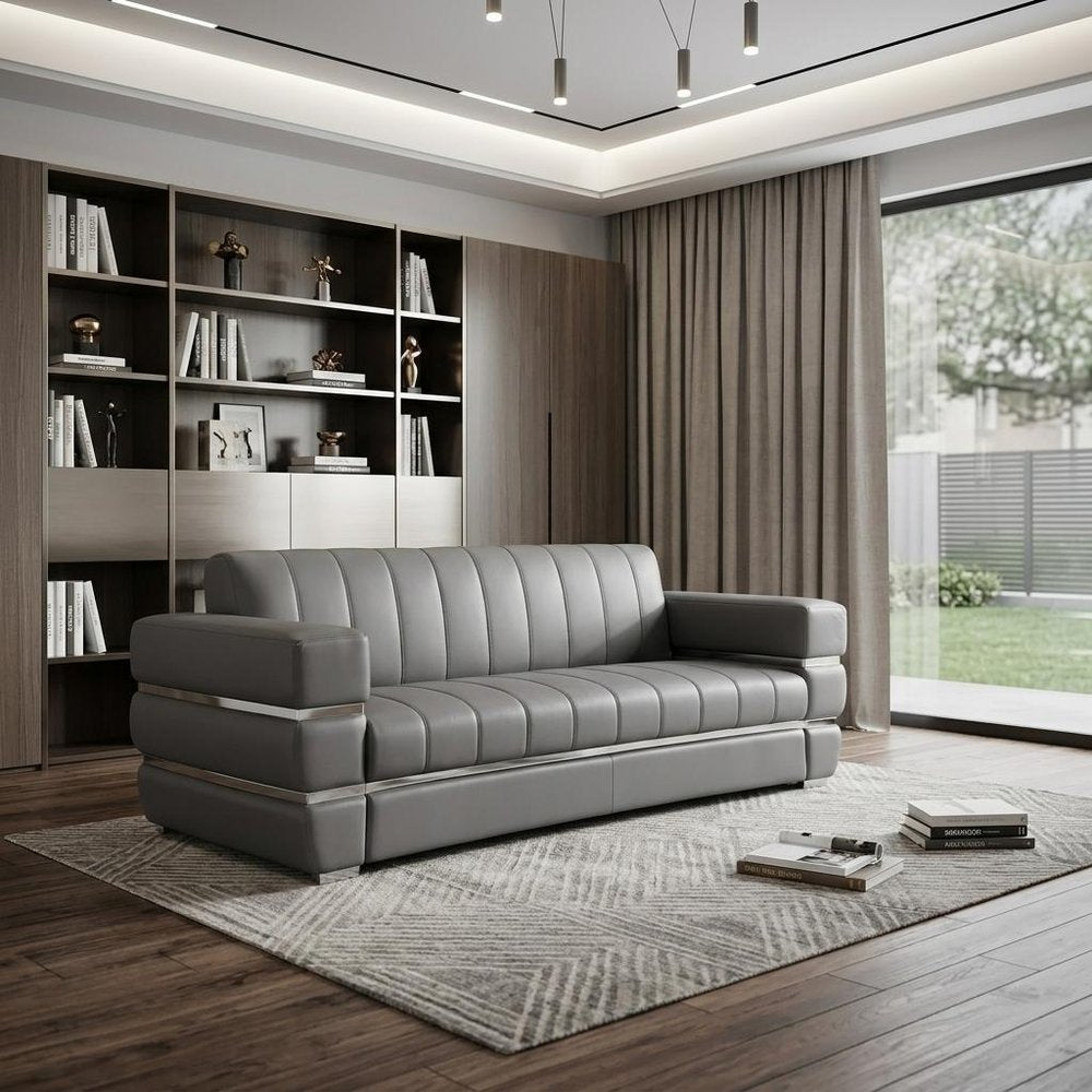 89" Dark Gray Italian Leather Sofa With Silver Legs