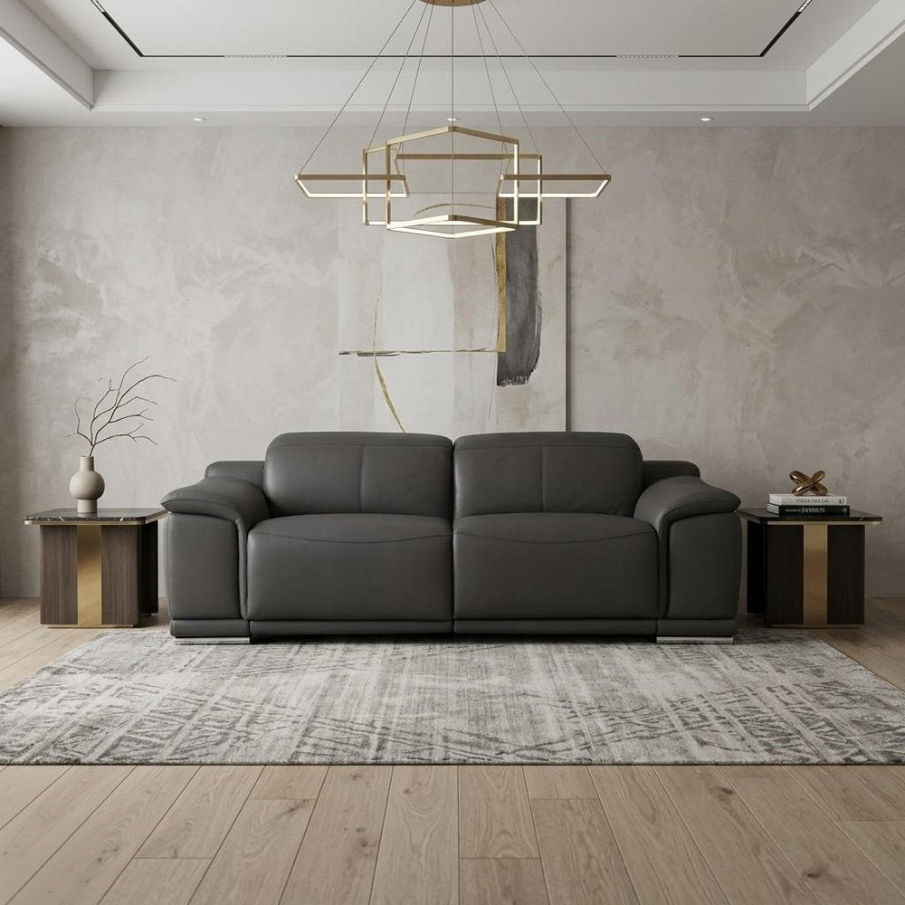 86" Dark Gray Italian Leather USB Reclining Sofa With Silver Legs