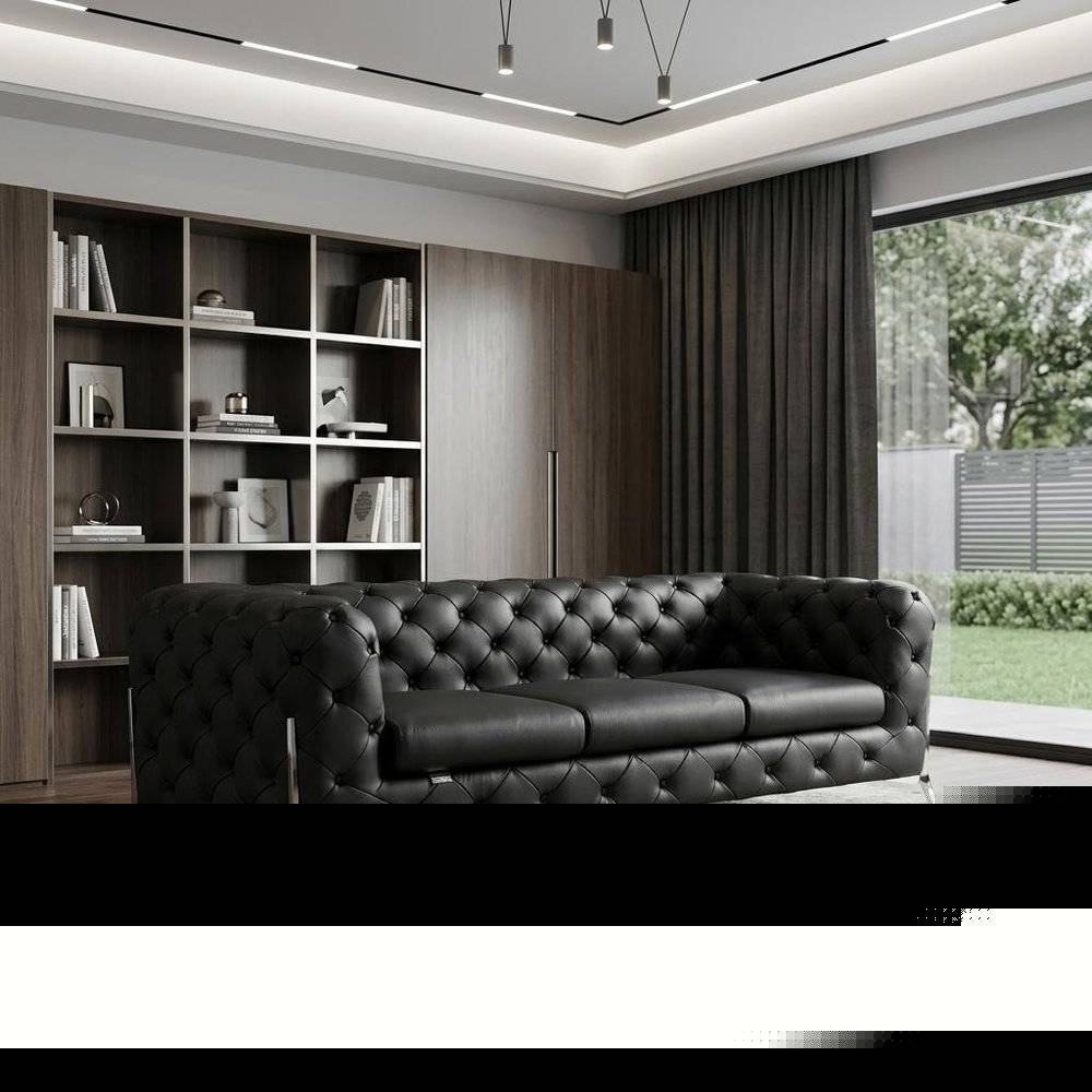93" Black Italian Leather Chesterfield Sofa With Silver Legs