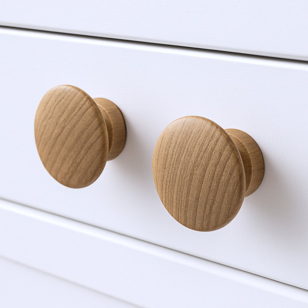Set of Two Brown Wood Classic Round Drawer Pull Knobs