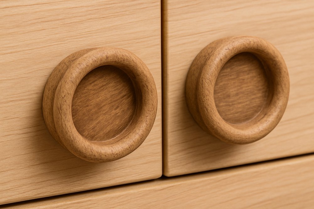 Set of Two Brown Wood Recessed Round Drawer Pull Knobs