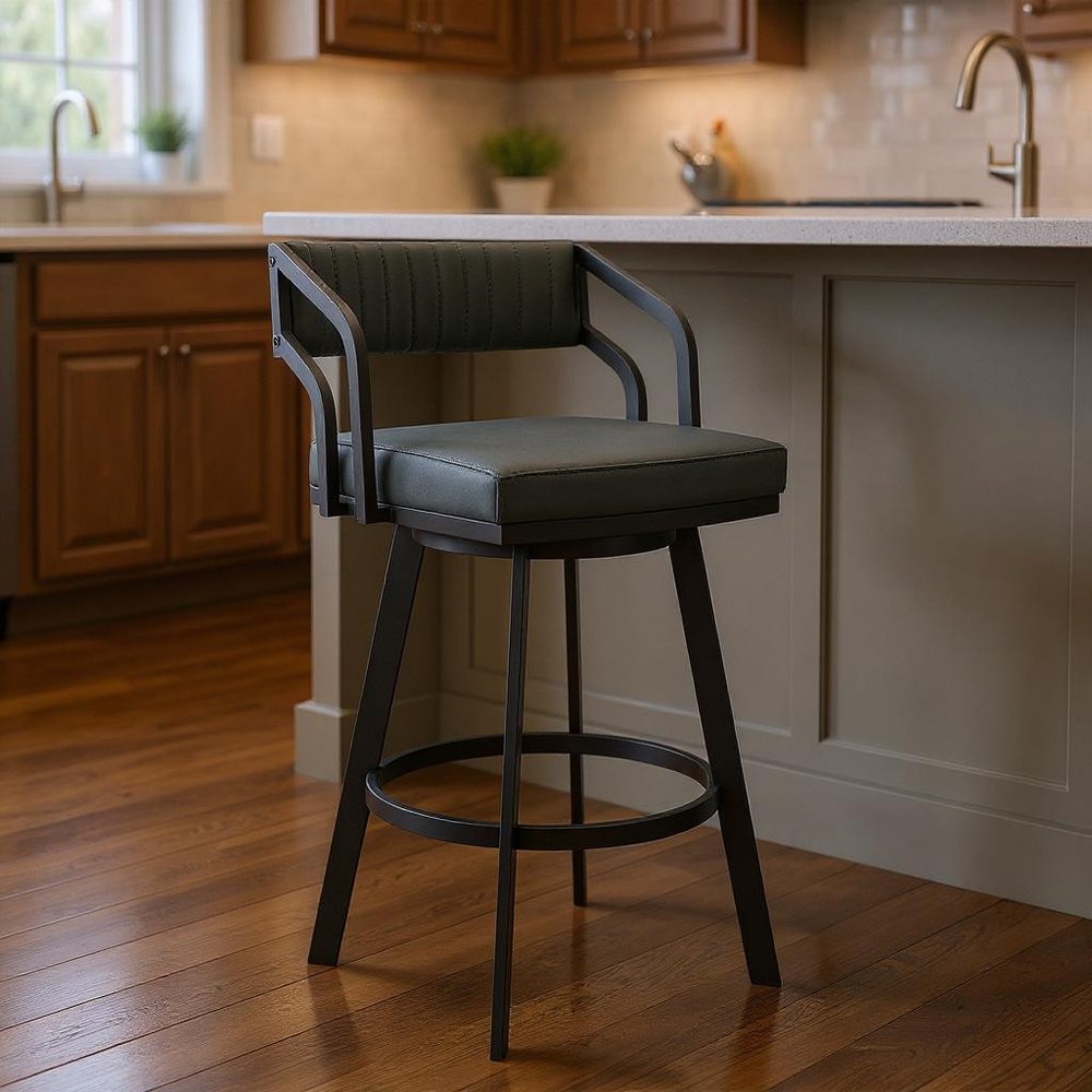 26" Gray And Black Iron Swivel Low Back Counter Height Bar Chair