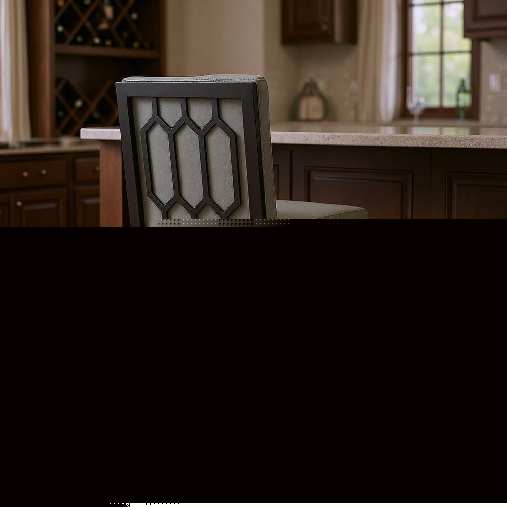 30" Gray And Black Faux Leather And Iron Swivel Bar Height Bar Chair