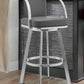 30" Gray And Silver Faux Leather And Iron Swivel Bar Height Bar Chair