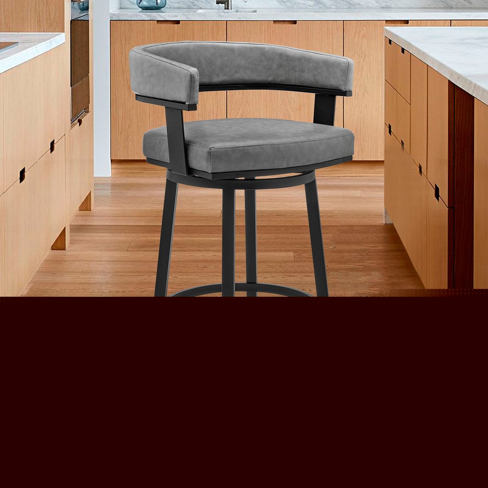 26" Gray And Black Faux Leather And Iron Swivel Low Back Counter Height Bar Chair