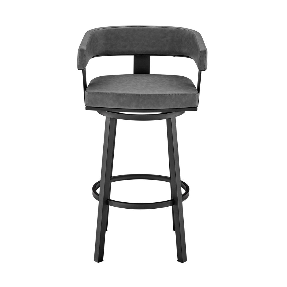 30" Gray and Black Faux Leather and Iron Low Back Bar Height Swivel Bar Chair