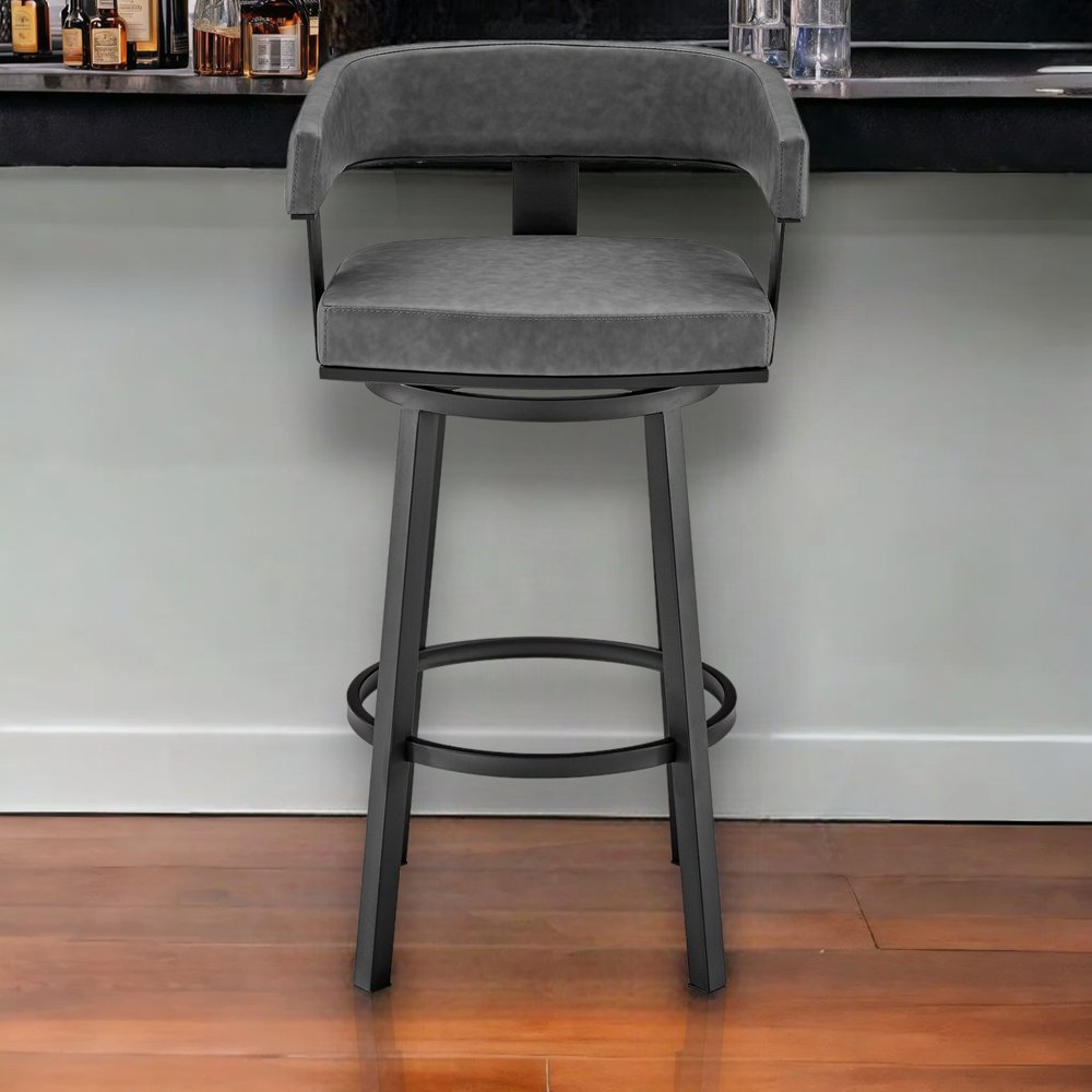 30" Gray and Black Faux Leather and Iron Low Back Bar Height Swivel Bar Chair