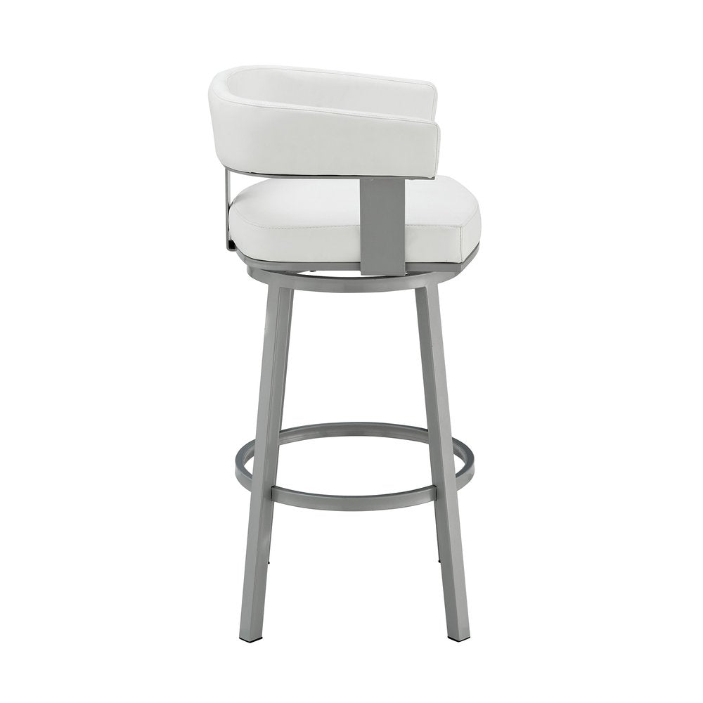 26" White and Gray Faux Leather and Iron Low Back Counter Height Swivel Bar Chair