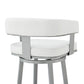 30" White And Gray Faux Leather And Iron Swivel Low Back Bar Height Bar Chair