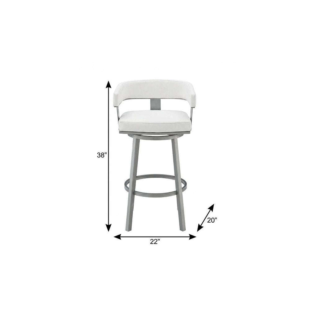 30" White And Gray Faux Leather And Iron Swivel Low Back Bar Height Bar Chair
