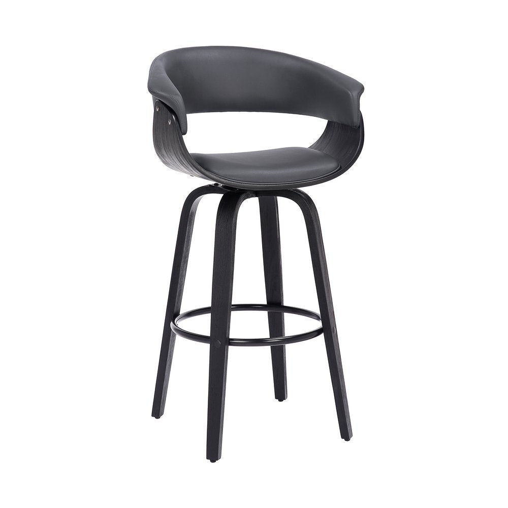 27" Gray And Black Faux Leather And Fabric And Solid Wood Low Back Counter Height Swivel Bar Chair