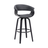 27" Gray And Black Faux Leather And Fabric And Solid Wood Low Back Counter Height Swivel Bar Chair