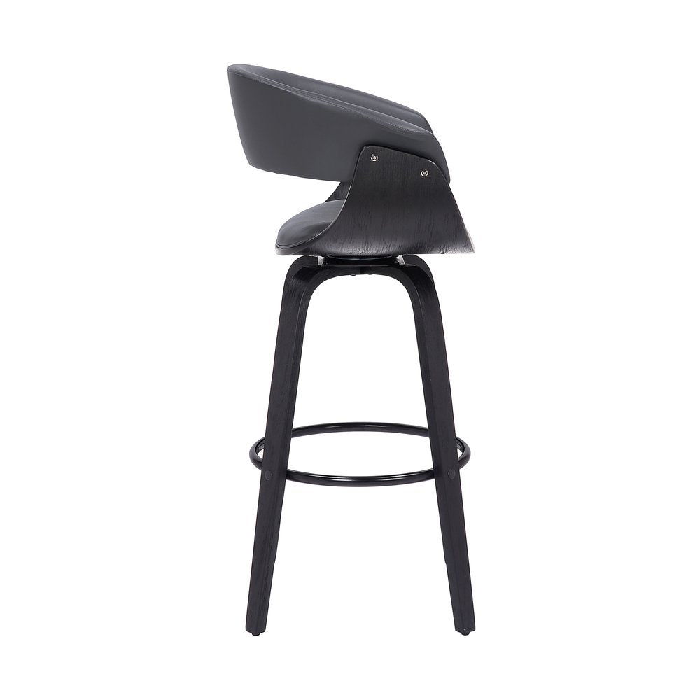 27" Gray And Black Faux Leather And Fabric And Solid Wood Low Back Counter Height Swivel Bar Chair