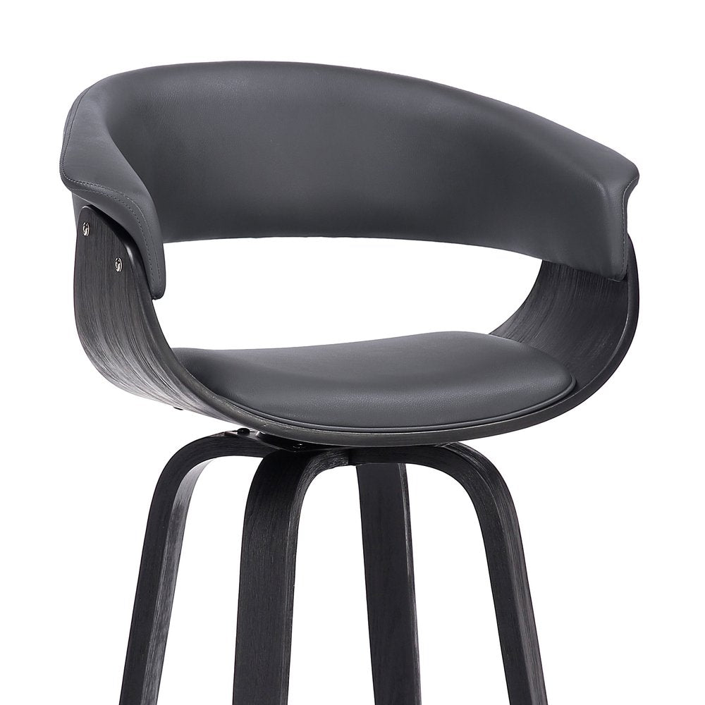 27" Gray And Black Faux Leather And Fabric And Solid Wood Low Back Counter Height Swivel Bar Chair