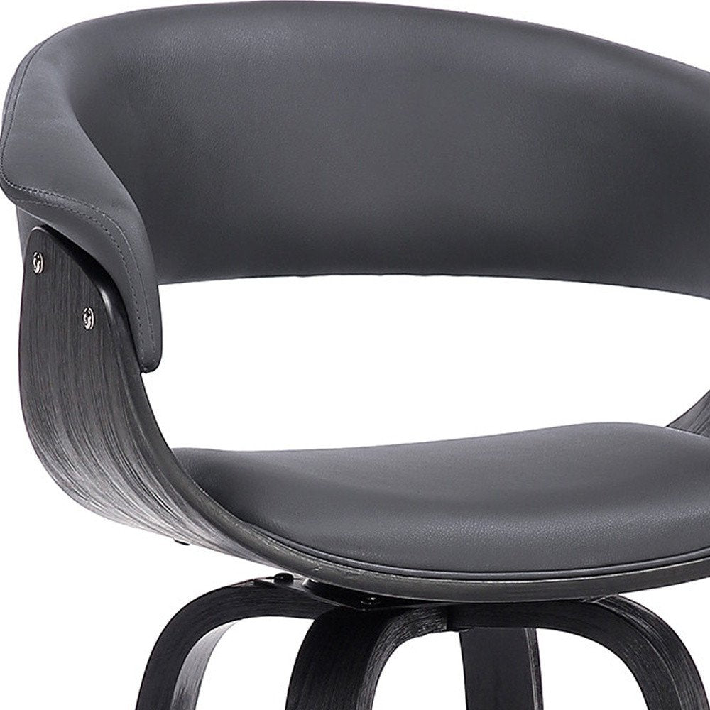 27" Gray And Black Faux Leather And Fabric And Solid Wood Low Back Counter Height Swivel Bar Chair
