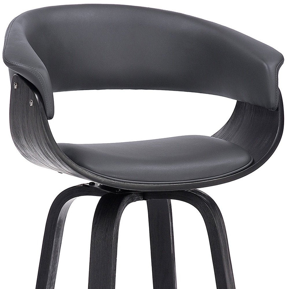 27" Gray And Black Faux Leather And Fabric And Solid Wood Low Back Counter Height Swivel Bar Chair