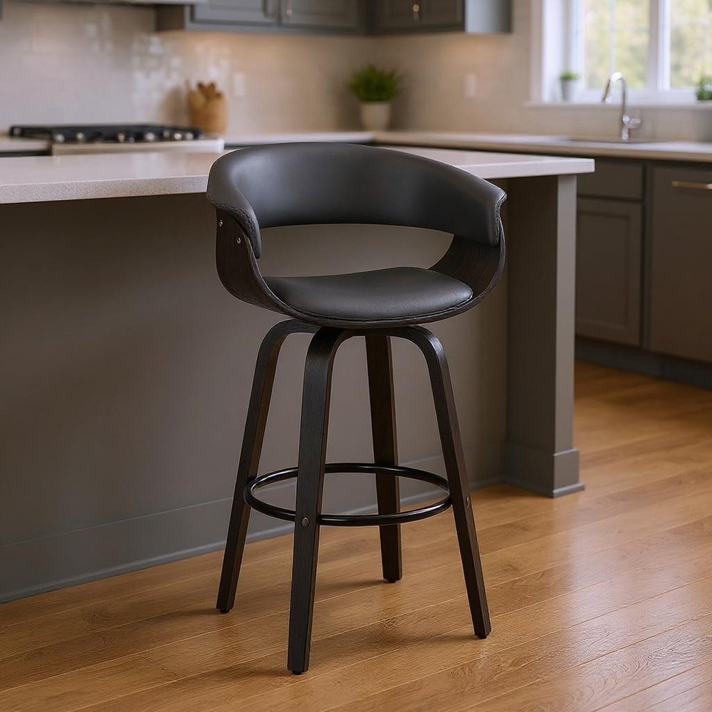 27" Gray And Black Faux Leather And Fabric And Solid Wood Low Back Counter Height Swivel Bar Chair