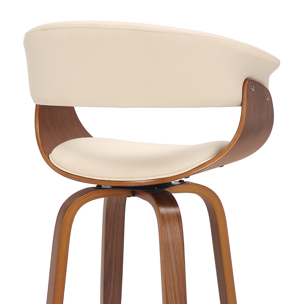 27" Cream and Brown Faux Leather and Solid Wood Low Back Counter Height Swivel Bar Chair