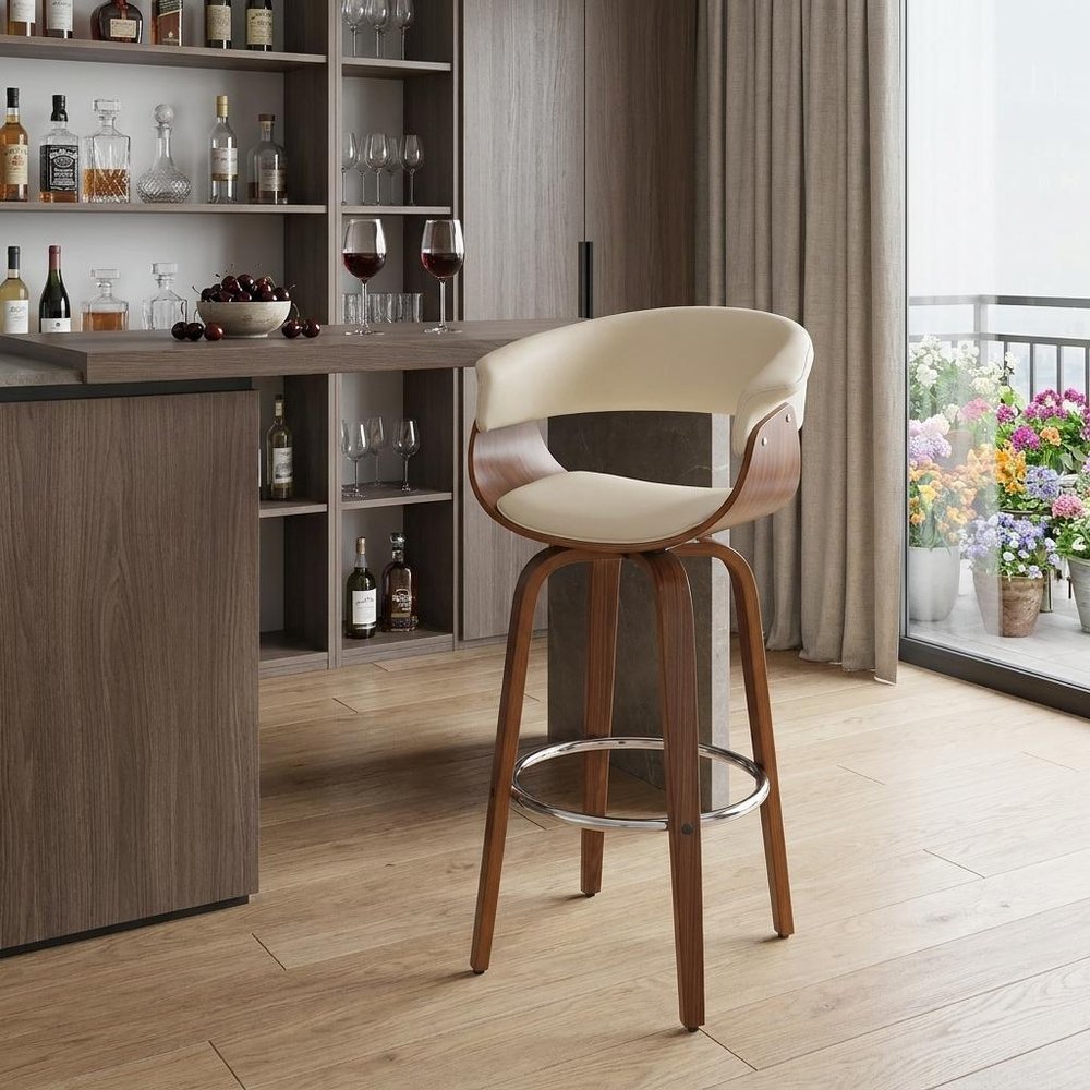 31" Cream And Brown Faux Leather And Solid Wood Swivel Low Back Bar Height Bar Chair