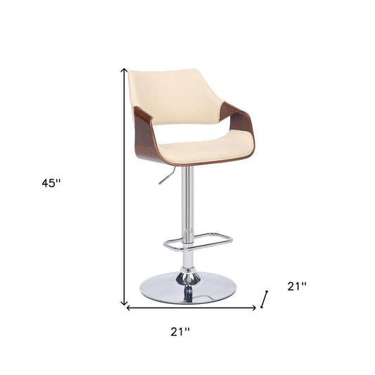 Cream and Silver Faux Leather Iron And Wood Adjustable Height Swivel Bar Chair