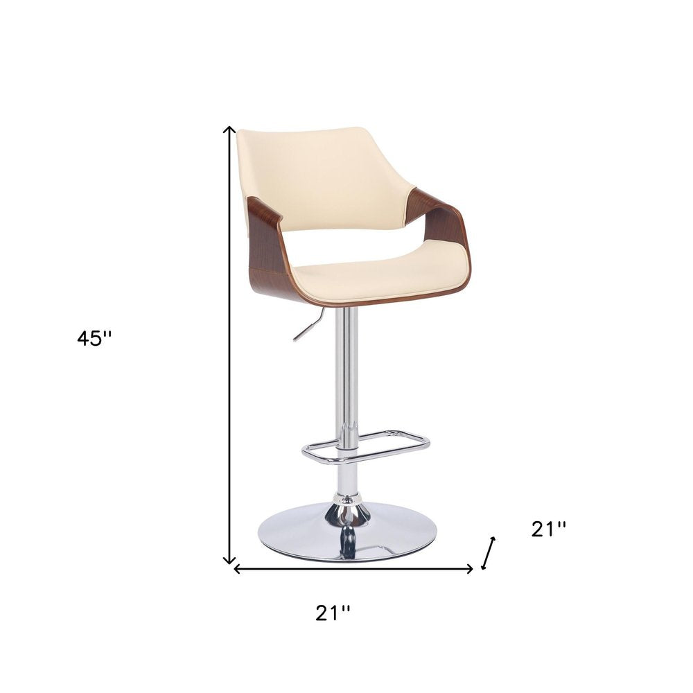 Cream and Silver Faux Leather Iron And Wood Adjustable Height Swivel Bar Chair